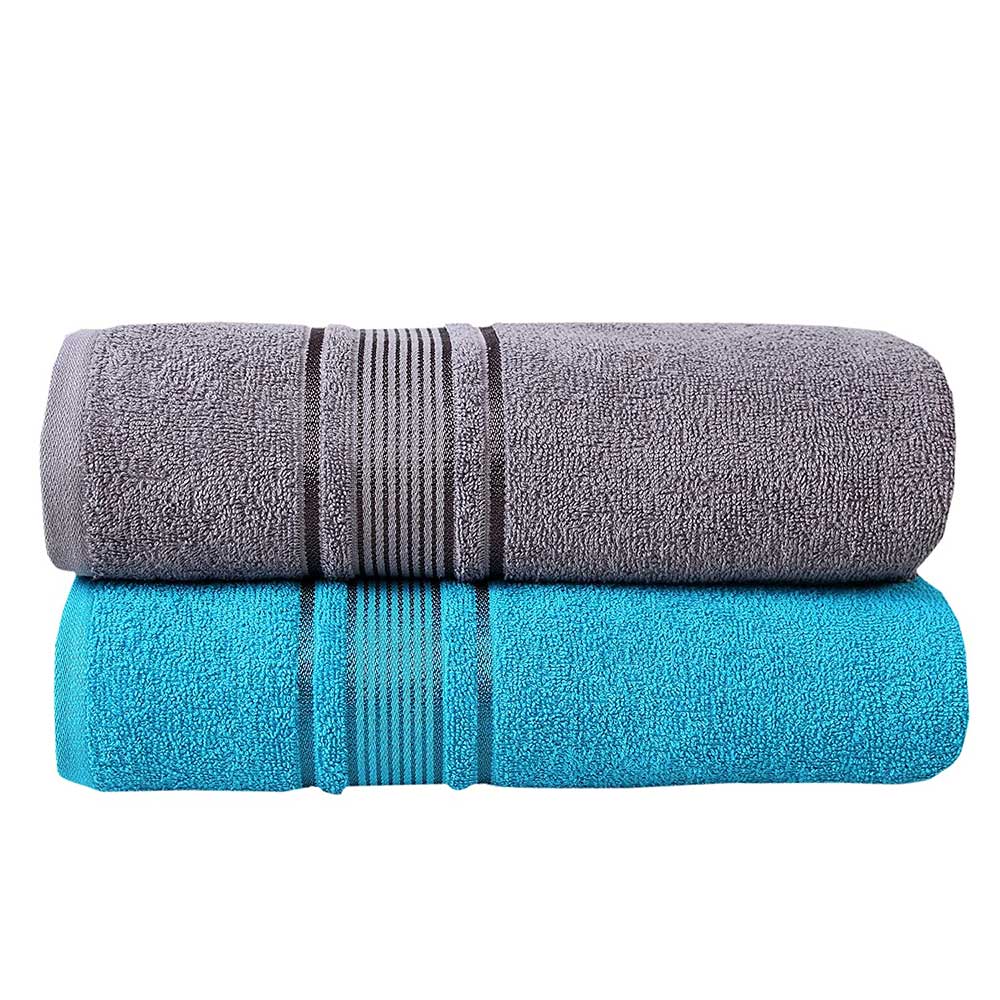 Fash Home International 380 GSM 100% Cotton Highly Absorbent Light Weight Quick Dry Large Couple Bath Towel Set of 2 ( Grey &Teal)